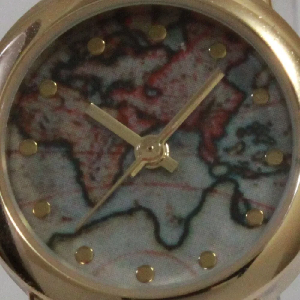 Accutime Ladies Casual Quartz Watch Map Dial Gold Tune Braided Strap 24mm